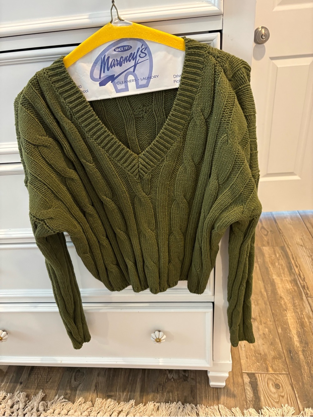 Madewell Olive Cable Knit V-Neck Sweater
